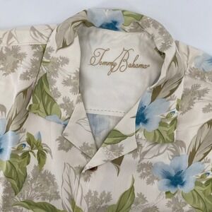 Tommy Bahama Mens Large Silk Short Sleeve Tropical Floral Button Up Shirt Beige